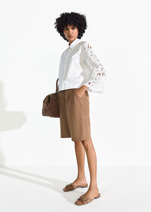 Popelinebluse mit Bestickten Ärmeln offwhite